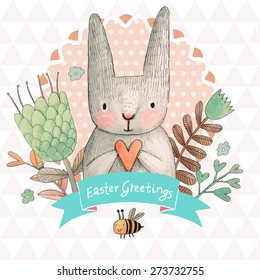 Stunning card with cute Rabbit and small bee in summer flowers. Awesome background made in watercolor technique. Bright easter concept card with text in ribbon in vector