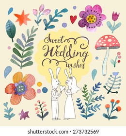 Stunning card with cute Rabbits, flowers, leafs and mushroom in awesome colors. Lovely forest theme set made in watercolor technique. Bright wedding concept card with text in vector