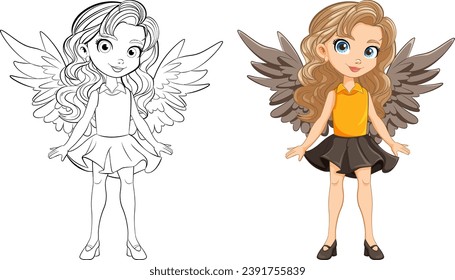 A stunning cartoon character with wings and a doodle outline for coloring pages