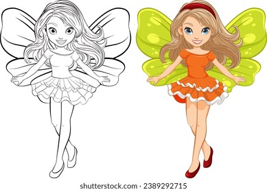 A stunning cartoon fairy with wings, ready for coloring