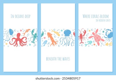 Stunning cartoon ocean life illustrations set. Delightful underwater scenes for flyer or banner template with sea creatures, colorful coral reef elements, and aquatic plants. Perfect marine designs.