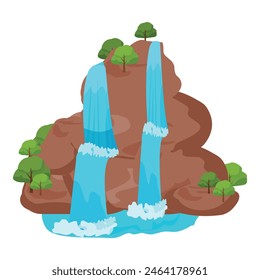 Stunning cartoon vector illustration of a tranquil. Untouched. And idyllic waterfall landscape with vibrant colors and lush greenery. Representing the beauty of nature and ecological conservation