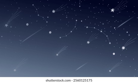 Stunning celestial night sky vector with constellations, shooting stars, and glowing elements. Ideal for cosmic, dreamy, and astronomy-themed designs.