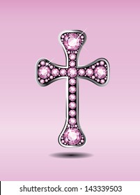 Stunning Christian Cross symbol with rose quartz semi-precious stones embedded into a silver channel setting. Vector EPS-10 file, transparency used.