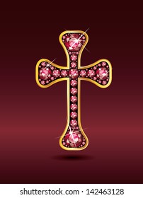 Stunning Christian Cross symbol with ruby precious stones embedded into a gold channel setting. Vector EPS-10 file.