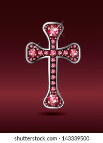 Stunning Christian Cross symbol with ruby precious stones embedded into a sterling silver channel setting. Ruby is the birthstone for July. Vector EPS-10 file, transparency used.