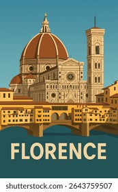 A deslumbrante paisagem urbana de Florença apresenta a Catedral de Santa Maria del Fiore, com a sua cúpula icônica, e a famosa ponte Ponte Vecchio que atravessa o rio Arno.