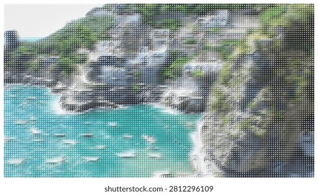 Stunning coastal cliff scenery overlooking beautiful turquoise sea water surface rendered with modern artistic dot halftone pattern vector illustration style.