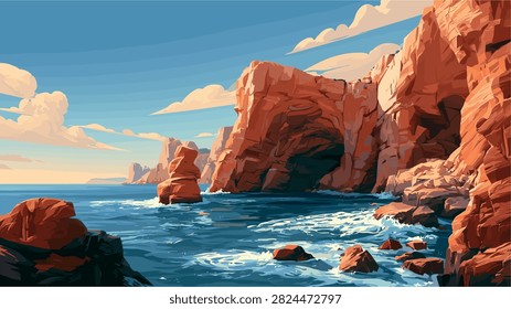 Stunning Coastal Scene with Red Cliffs, Sea Caves, and Blue Ocean