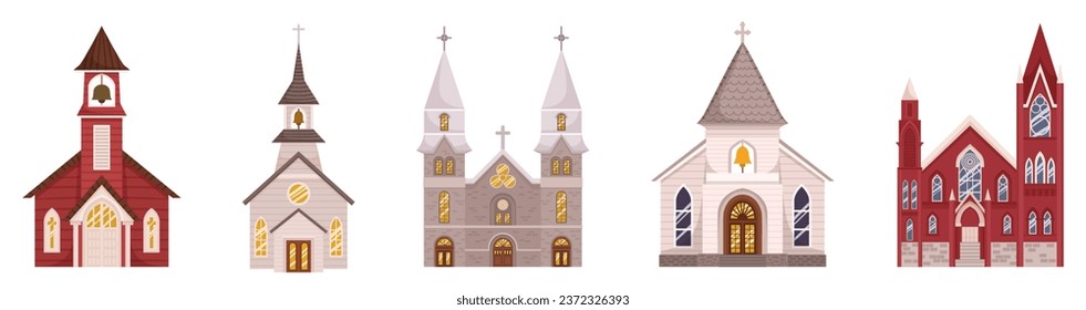 Stunning Collection Of Catholic Churches Showcasing Architectural Beauty And Spiritual Sanctity. Isolated Medieval Buildings Set Ideal For Religious And Cultural Concepts. Cartoon Vector Illustration