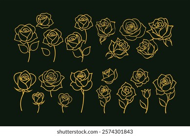 A stunning collection of elegant golden rose flower line art vector illustrations. Perfect for luxury designs, wedding themes, branding, and decor. High-quality and versatile graphics.