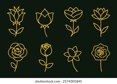 A stunning collection of elegant golden rose flower line art vector illustrations. Perfect for luxury designs, wedding themes, branding, and decor. High-quality and versatile graphics.