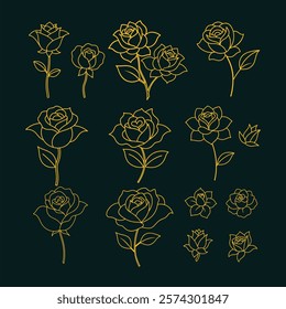 A stunning collection of elegant golden rose flower line art vector illustrations. Perfect for luxury designs, wedding themes, branding, and decor. High-quality and versatile graphics.