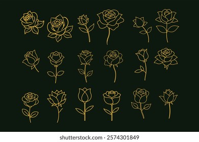 A stunning collection of elegant golden rose flower line art vector illustrations. Perfect for luxury designs, wedding themes, branding, and decor. High-quality and versatile graphics.