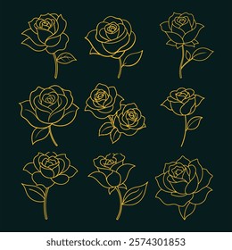 A stunning collection of elegant golden rose flower line art vector illustrations. Perfect for luxury designs, wedding themes, branding, and decor. High-quality and versatile graphics.