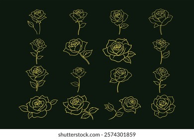 A stunning collection of elegant golden rose flower line art vector illustrations. Perfect for luxury designs, wedding themes, branding, and decor. High-quality and versatile graphics.