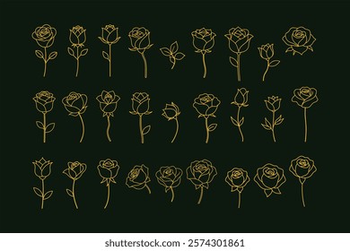 A stunning collection of elegant golden rose flower line art vector illustrations. Perfect for luxury designs, wedding themes, branding, and decor. High-quality and versatile graphics.