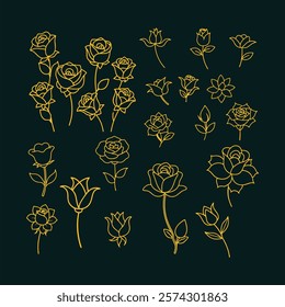 A stunning collection of elegant golden rose flower line art vector illustrations. Perfect for luxury designs, wedding themes, branding, and decor. High-quality and versatile graphics.