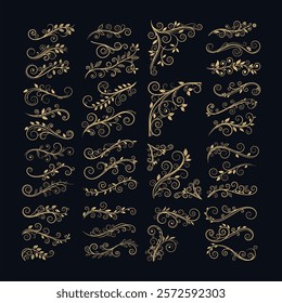 A stunning collection of elegant golden swirl filigree divider lines. Perfect for enhancing invitations, cards, and decorative designs. These premium vector elements are isolated and versatile.