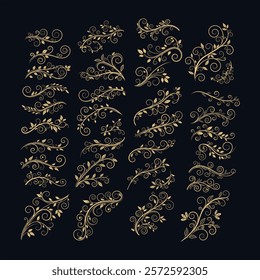 A stunning collection of elegant golden swirl filigree divider lines. Perfect for enhancing invitations, cards, and decorative designs. These premium vector elements are isolated and versatile.