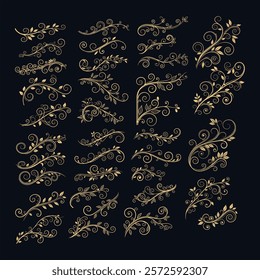 A stunning collection of elegant golden swirl filigree divider lines. Perfect for enhancing invitations, cards, and decorative designs. These premium vector elements are isolated and versatile.