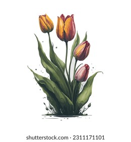 A stunning collection of four vibrant watercolor tulip flowers. These exquisite blooms showcase a range of colors, from bold reds to soft pinks and vibrant yellows.