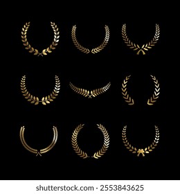 A stunning collection of golden silhouette laurel, wheat, and olive wreaths, symbolizing awards, achievement, heraldry, and nobility. Perfect for emblems, logos, and vector designs. EPS 10