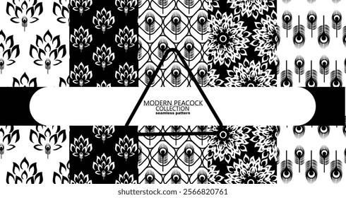 A stunning collection of intricate monochrome peacock illustrations blending elegance with modern detail,  for fabric, luxury branding, wedding invitations, boho design, sophisticated stationery