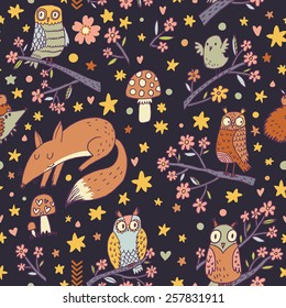 Stunning colorful floral seamless pattern with owls, birds, fox, stars, flowers and mushrooms. Sweet childish background in vector