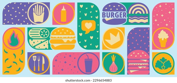 Sorprendente y colorida moda en la ilustración vectorial con banner en medios sociales. Disfrute de nuestro jugoso y salado afiche de hamburguesas que es perfecto para cualquier ocasión, como promoción de restaurantes o hoteles o anuncios