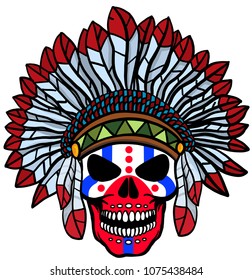 Stunning crown of feathers on a skull, repeating the Indian. Graphic vector illustration technique. Red, blue, brown.