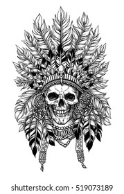 Stunning crown of feathers on a skull, repeating the Indian. Graphic illustration technique, dotwork