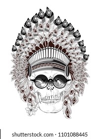 Stunning crown of feathers, sunglasses and a flower on a skull, repeating the Indian. Graphic illustration.