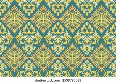 A stunning damask pattern in rich gold and teal hues. The intricate design features ornate floral motifs and scrolling vines, characteristic of the Baroque and Rococo periods.