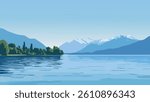 A stunning daytime view of Lake Geneva, showcasing the tranquil water reflecting the surrounding mountains and blue skies