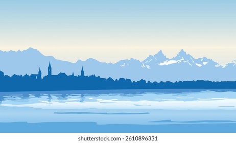 A stunning daytime view of Lake Geneva, showcasing the tranquil water reflecting the surrounding mountains and blue skies