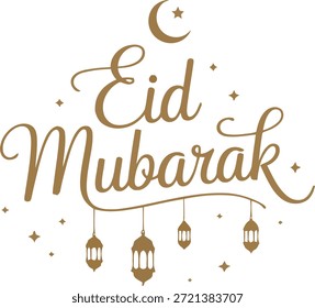 Un impresionante mensaje caligráfico de oro profundo "Eid Mubarak" adornado con encantadoras linternas, una media luna y estrellas brillantes.