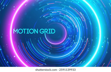 A stunning depiction of a motion grid, featuring glowing circular light patterns in dynamic motion, representing energy and technology.