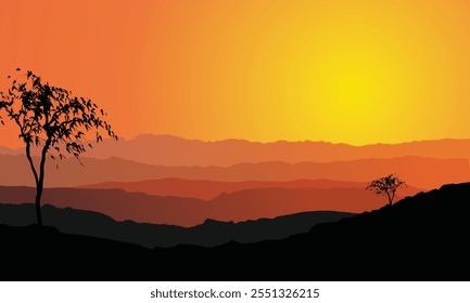 Stunning desert sunset with layered hills, orange hues, and silhouette trees.