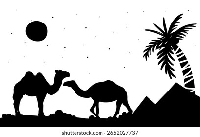 A stunning desert sunset silhouettes three wild camels on a sand dune, illustrating nature's travel landscape