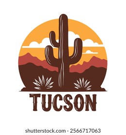 A stunning design featuring a saguaro cactus in the foreground set against the picturesque Tucson skyline, blending the natural beauty of the desert with urban charm.