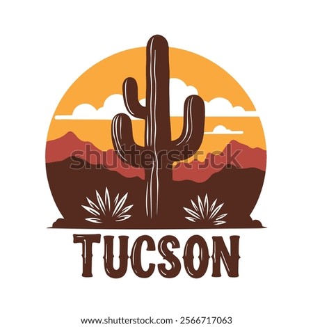 A stunning design featuring a saguaro cactus in the foreground set against the picturesque Tucson skyline, blending the natural beauty of the desert with urban charm.
