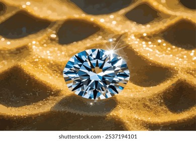 A stunning diamond rests on textured golden sand, reflecting light in mesmerizing facets. The image captures elegance, luxury, and the timeless beauty of gemstones amidst a natural backdrop.