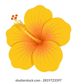 A stunning digital illustration of a bright yellow hibiscus flower set against a clean white background. The vibrant golden petals show subtle texture and depth while the prominent stamen highlights the intricate beauty of this exotic tropical bloom.