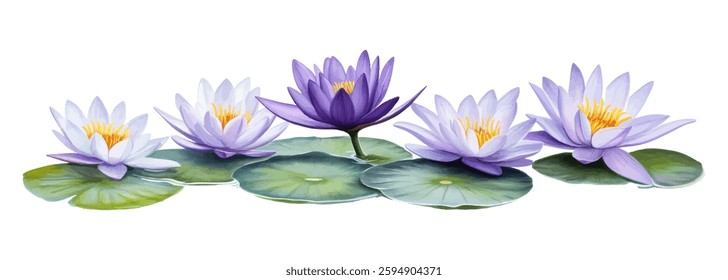 A stunning digital illustration featuring vibrant purple and white water lilies resting on green lily pads. The highly detailed botanical artwork captures the serene beauty of aquatic plants