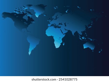 Ilustração digital impressionante de um mapa de mundo com um fundo gradiente azul. Perfeito para conteúdo educacional, de viagens e de negócios globais, destacando países em um estilo moderno e elegante.