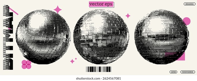 Stunning disco ball design featuring bitmap and pixel art styles that capture the essence of y2k aesthetics and dadaism