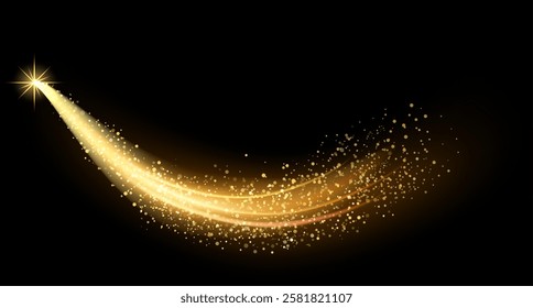 Stunning display of a golden light trail curving gracefully across a black background, creating a sense of motion and elegance. Tiny sparkling particles enhance the magical effect