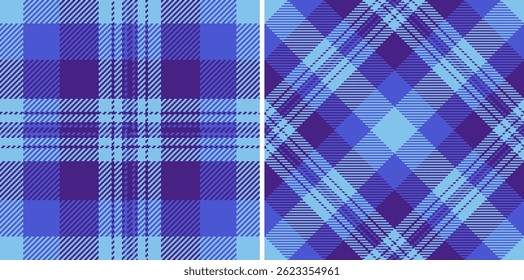Stunning duo of seamless blue and purple plaid patterns.  Perfect for textile design, apparel, or web backgrounds.  Versatile and stylish, these checks offer a sophisticated yet cozy aesthetic.