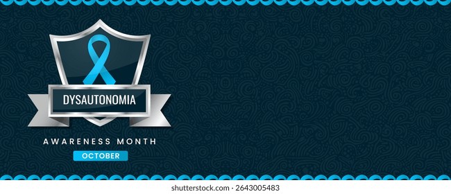 Stunning Dysautonomia Awareness Month Banner with Blue Ribbon on Elegant Shield, Featuring Ornate Swirl Background, Perfect for October Health Campaigns.